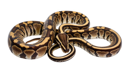 Fototapeta premium Ball Python coiled with intricate brown and yellow patterned scales
