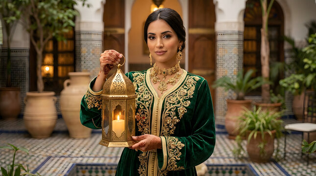 Woman in traditional caftan holding decorative lantern during cultural celebration at home