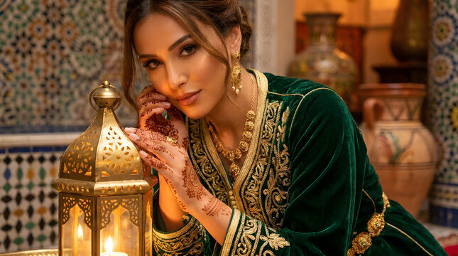 Woman in ornate caftan holding lantern in warm traditional interior with intricate patterns