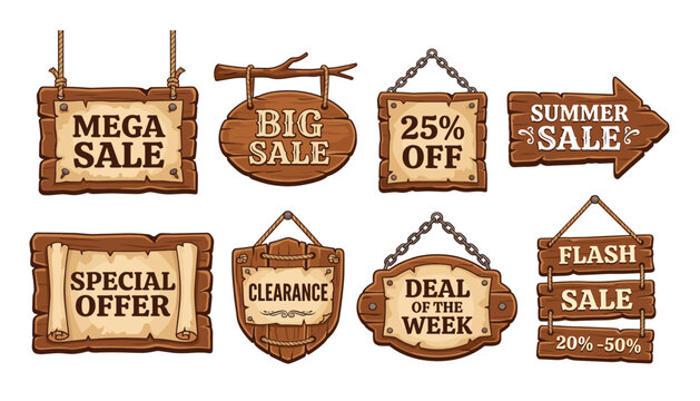 Wooden sale banners and retail signs. Mega sale, big sale, special offer, clearance, arrow indicator and promotion tags.