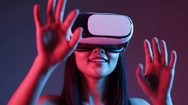 Asian woman wearing VR headset interacting in virtual space with neon lighting