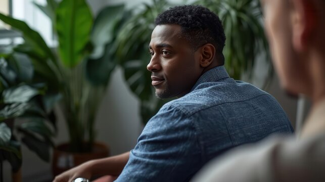 Confident young Black professional man in denim shirt thinking indoors with tropical plants in soft natural light