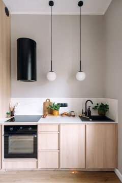 Minimalist kitchen with light wood cabinets, appliance and decor
