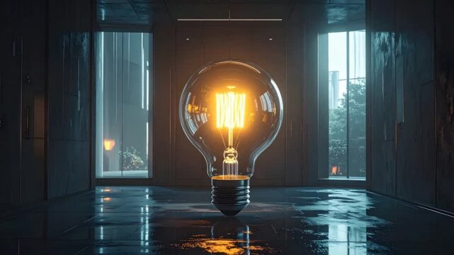 Vintage Edison light bulb glowing intensely in a dark wet modern architectural hallway with reflections