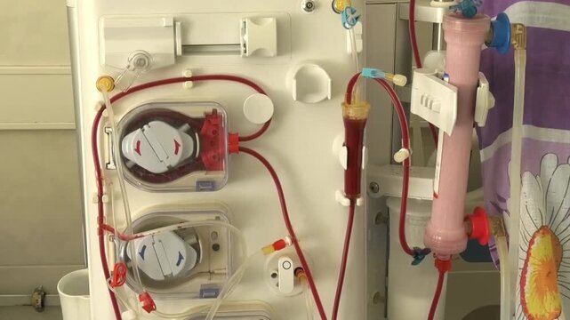 Close-up of a working hemodialysis machine in a hospital with a patient suffering from kidney failure lying nearby. Concept of renal replacement therapy, chronic kidney disease treatment, life support