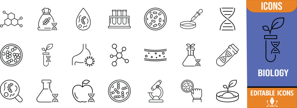 Molecular biology genetic science research icons. dna icon set, microscope icon set, bacteria icon set