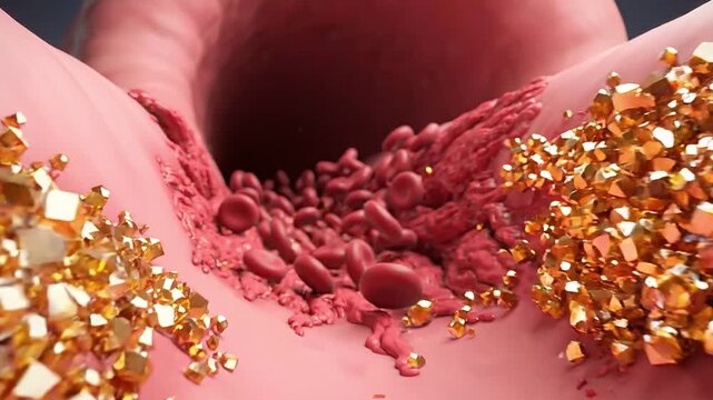 3D Medical Visualization of Atherosclerosis Showing Cholesterol Plaque Buildup Inside a Human Artery with Obstructed Red Blood Cell Flow
