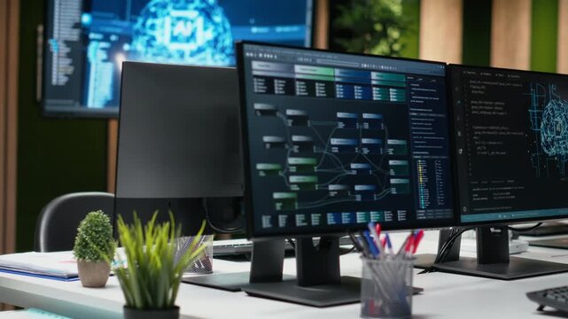 Screen in empty IT office showing AI model used for developing software. Hardware in tech startup workspace using neural network tech to debug apps.
