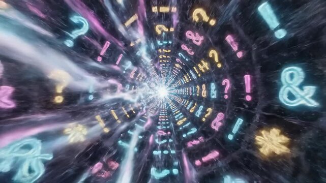A captivating tunnel emerges, filled with colorful symbols like question marks, exclamation points, and ampersands swirling dynamically in a dreamlike atmosphere.