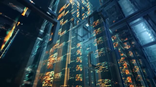 Glowing futuristic urban corridor with light trails