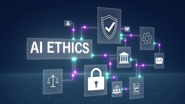 AI ETHICS and secure technology governance. businessman using digital tablet with ai ethics interface and cybersecurity representing ethical artificial intelligence, 4k animated motion video. .
