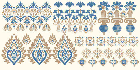 Elegant blue and beige ethnic floral border set, antique greek ornament elements and traditional damask motifs for textile design © Thitichot