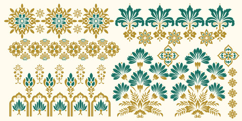 Luxury ethnic floral border and motif set, traditional oriental damask ornament elements for textile or invitation card design © Thitichot