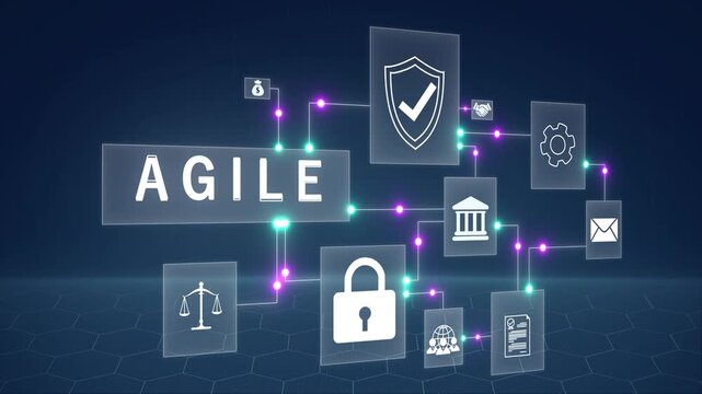 AGILE and secure technology governance. businessman using digital tablet with ai ethics interface and cybersecurity representing ethical artificial intelligence, 4k animated motion video. .