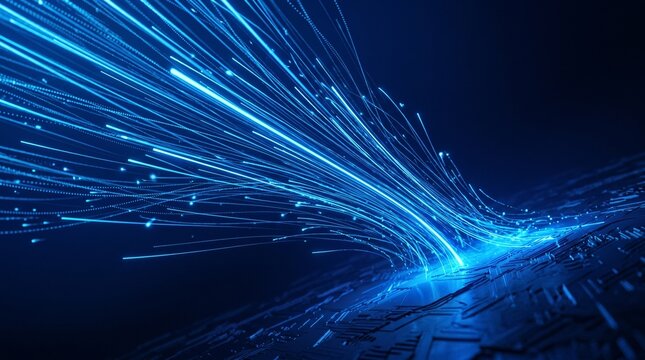 Abstract digital data stream flowing into a futuristic circuit board