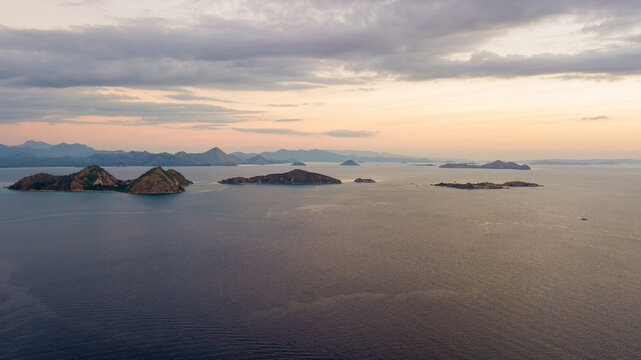 Aerial View of Tropical Islands in Komodo National Park at Sunset, Indonesia