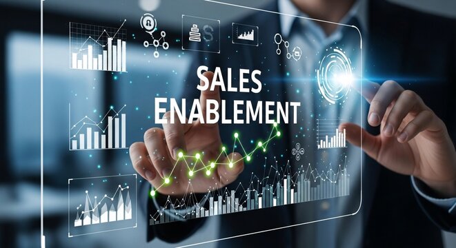 Businessperson interacting with futuristic digital sales enablement interface showcasing growth charts graphs and data analytics for sales success and strategy planning