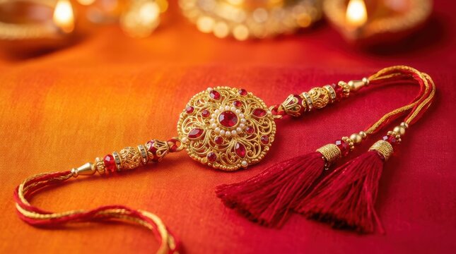 Golden rakhi bracelet with red stones and tassels on orange fabric
