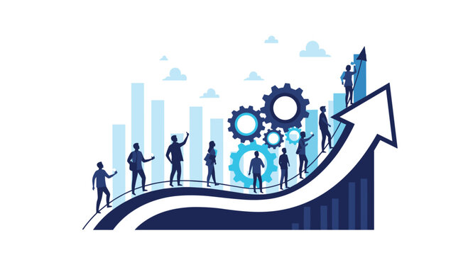 Corporate team climbing an upward arrow with large rotating mechanical gears and bar charts representing career success and development.