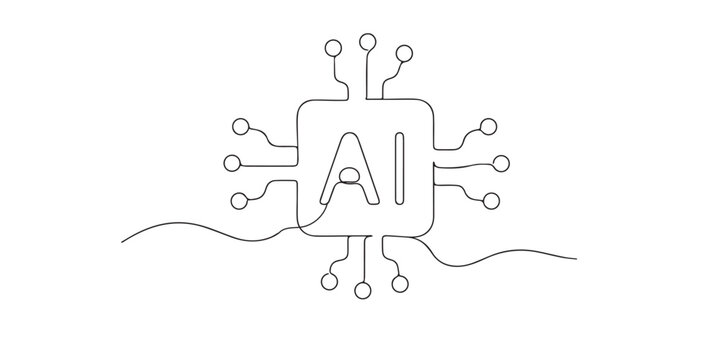 One line drawing of artificial intelligence microchip. Continuous line of digital computing technology. Machine learning concept. single line art vector illustration.