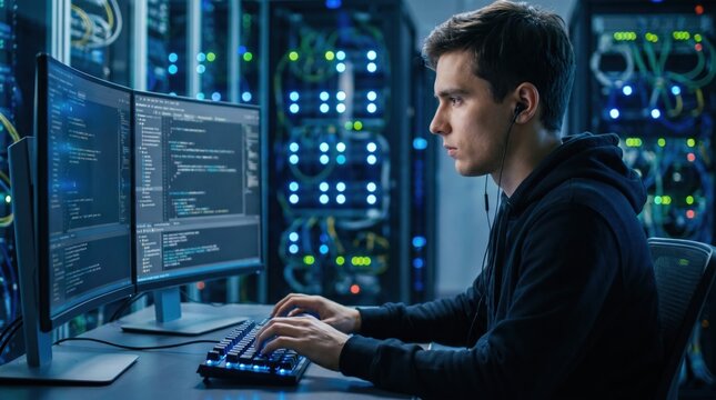 Young male programmer working on computer code in a high-tech data center environment with server racks and dual monitor setup for software development and cybersecurity
