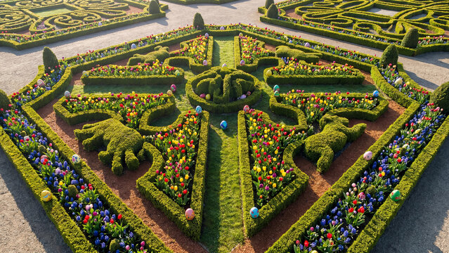 Aerial view of a formal parterre garden with manicured hedges and flower beds