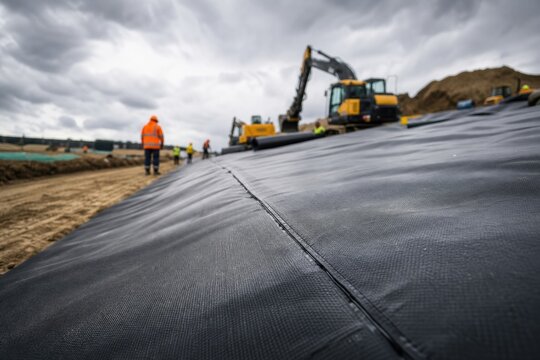 Black geotextile liner installation on construction site with heavy excavators and workers in high visibility clothing under a cloudy sky during an industrial infrastructure project