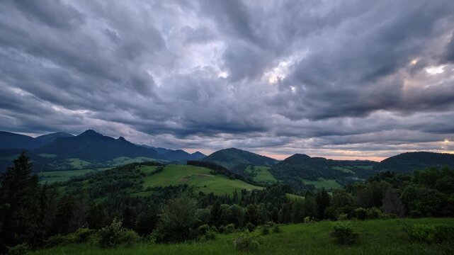 Twilight Timelapse of Storm Clouds Over Carpathian Mountain Panorama