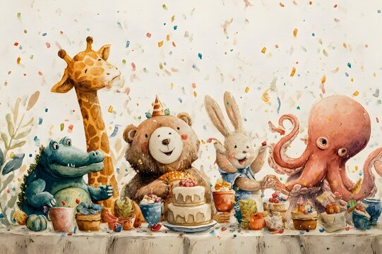 Oil painting watercolor on paper, colorful forest animals jiraffe cocodrile bear rabbit and octupus celebrating in a party with confeti, beige background