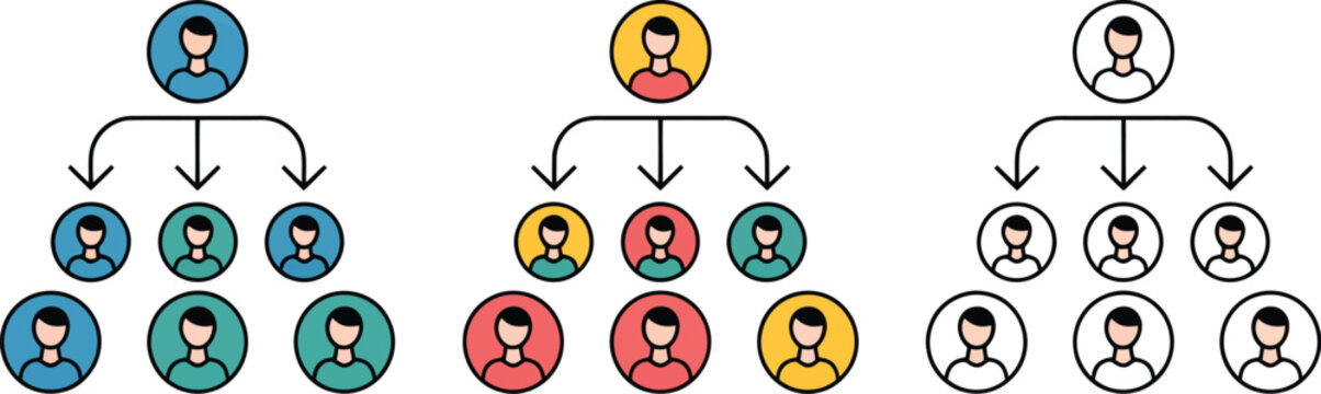 Delegate icons, business delegation workflow management task distribution and team coordination symbols in multiple icon styles.