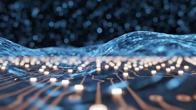 Abstract digital network with glowing circuitry and wavy data streams.