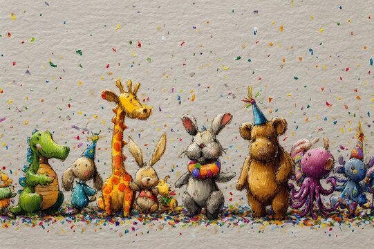 Oil painting watercolor on paper, colorful forest animals jiraffe cocodrile bear rabbit and octupus celebrating in a party with confeti, beige background
