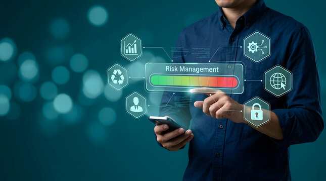 Business professional interacting with a digital risk management dashboard interface on a smartphone to assess corporate security metrics