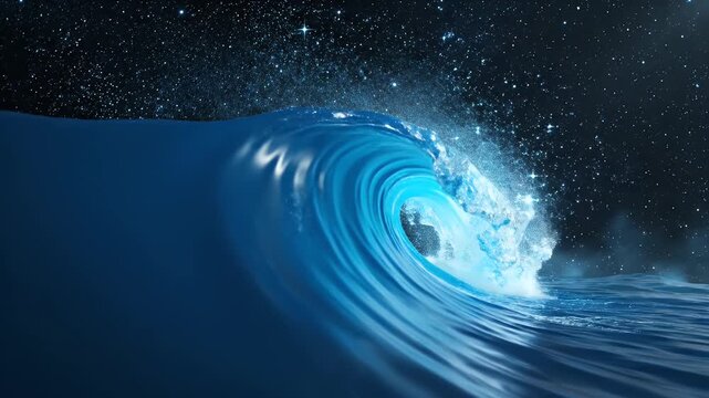 A powerful ocean wave crashes under a starry night sky.