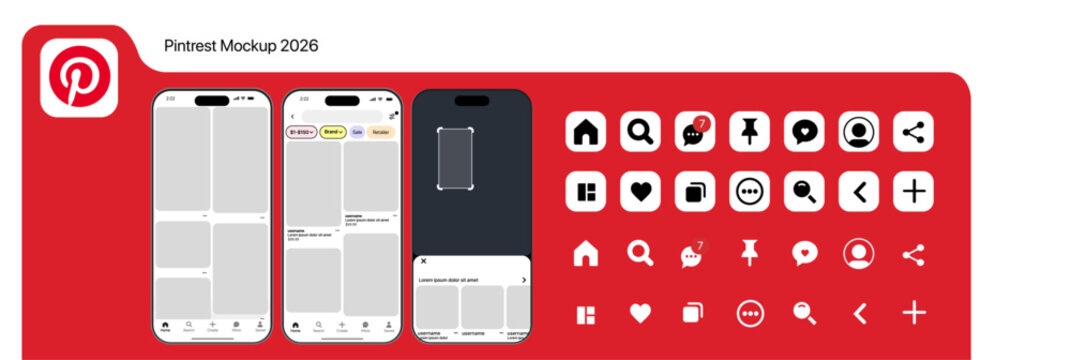 Pinterest interface. iPhone screen mockups. Social media interface. Smartphone screen. Editorial interface mockup of Pinterest. Phone screen. Pinterest pages.
