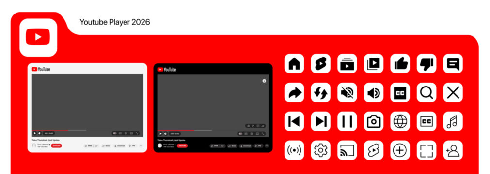 YouTube video player web interface mockup template featuring dark and light mode designs