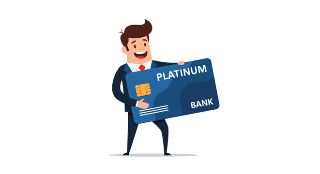 Excited businessman in a suit smiles broadly while holding a giant blue platinum credit card, representing financial success and premium banking.
