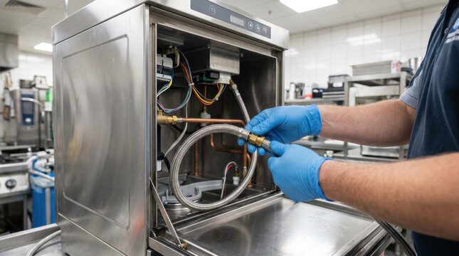 Professional technician repairing commercial dishwasher kitchen appliance by connecting a flexible metal water hose to the internal plumbing system during a maintenance service