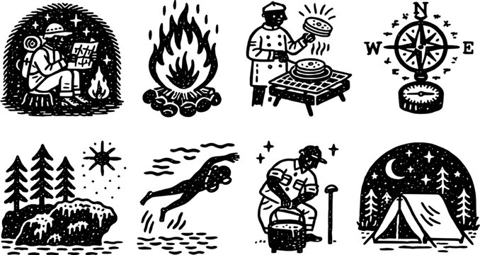 Outdoor camping set with campfire cook, chef grilling, compass rose and starry tent scene in woodcut style