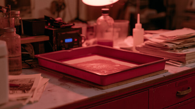 World Photography Day tribute scene showing analog darkroom at community arts center with wet print emerging in developer tray under safelight glow, photographic chemistry craft,