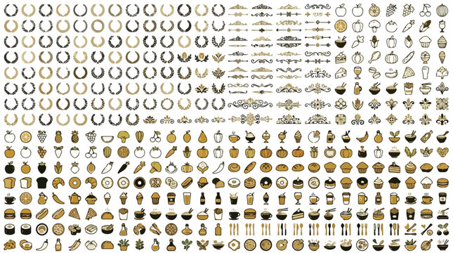 Vintage laurel wreaths and food icons set, elegant gold and black decorative dividers, large collection of restaurant and cafe vector elements