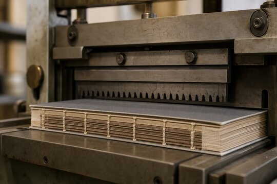 Industrial bookbinding machine pressing a hand-stitched book block during the traditional manufacturing process in a professional workshop or printing house