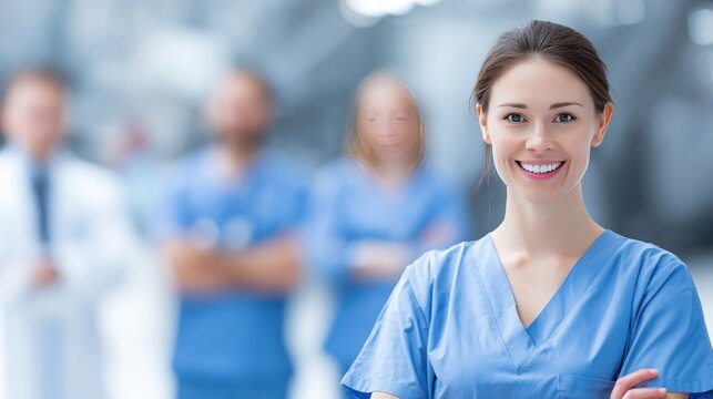 Healthcare Heroes: A smiling nurse in blue scrubs stands confidently in the foreground, while a blurred team of medical professionals forms the backdrop.