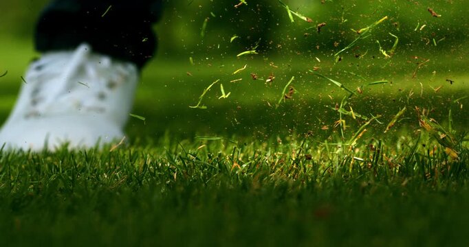 Super Slow Motion Close Up Of Sand Flying After Golf Bunker Shot. Concept Of Dynamic Sports Background. Abstract close-up of sand particles suspended in motion after a bunker shot.