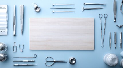 Surgical Instruments Arranged on Blue Background: A meticulously arranged collection of surgical instruments, including scalpels, forceps, and scissors, surrounds a central wooden board.
