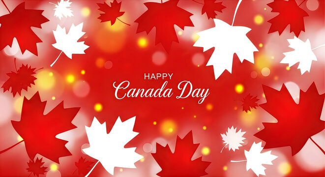 Vibrant canada day celebration background with maple leaves and bokeh lights