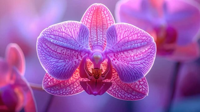Macro close-up of a vibrant purple and pink orchid flower with intricate patterns soft focus background