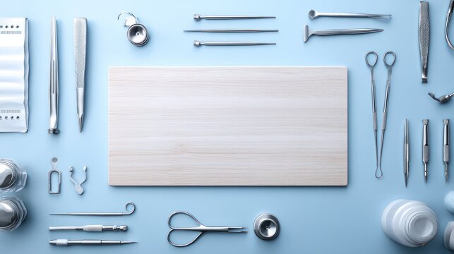 Surgical Instruments Arranged on Blue Background: A meticulously arranged collection of surgical instruments, including scalpels, forceps, and scissors, surrounds a central wooden board.