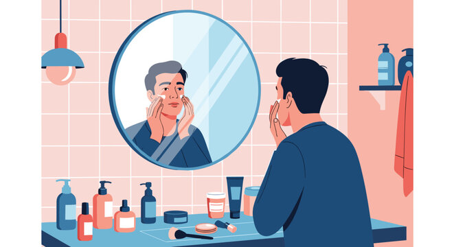 Young man applying skincare product to his face while looking in a bathroom mirror surrounded by grooming bottles.