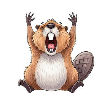 Cute hand-painted watercolor beaver illustration in warm browns, sitting upright, stretching and yawning widely, isolated on white. Concept of humorous sleepiness and exhaustion